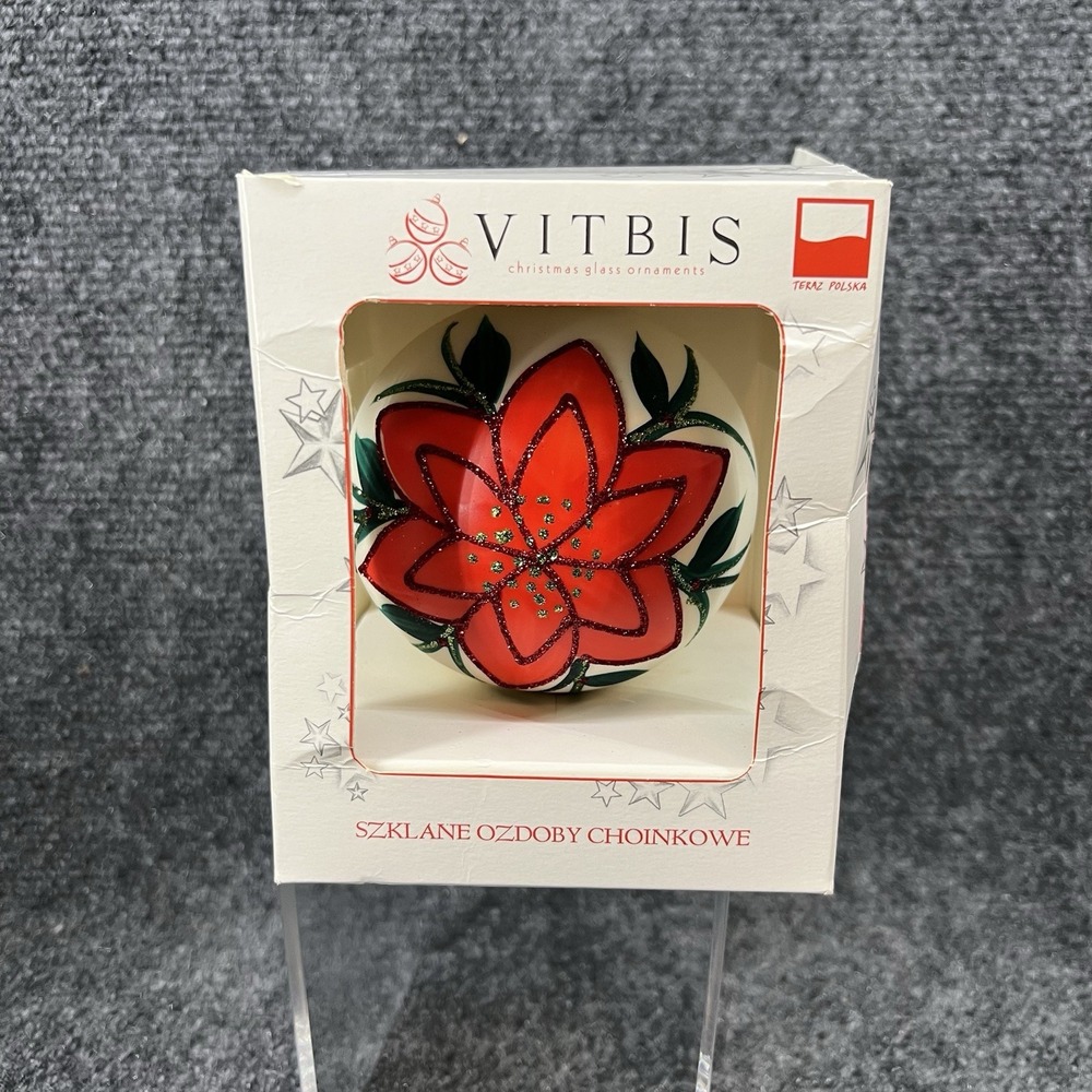 Vitbis Polish Handpainted Glass Poinsettia Christmas Ornament